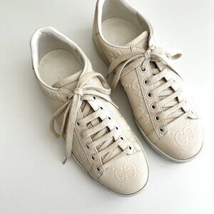 GUCCI Women's Ace Cream Embossed Leather GG Logo Low Top Sneakers Size 37.5